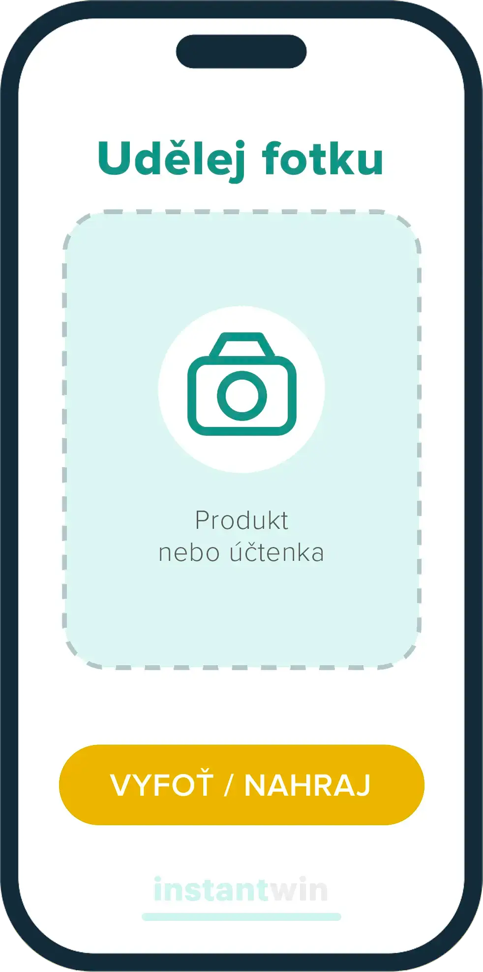 Obrazovka důkazu nákupu: nadpis Udělej fotku, oblast pro produkt nebo účtenku a tlačítko Vyfoť / nahraj