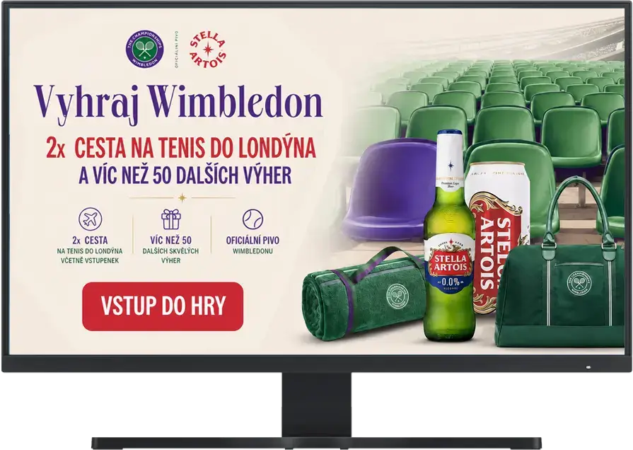 Desktopová kampaň Stella Artois a Wimbledon: nadpis Vyhraj Wimbledon, produkty Stella a merch, tlačítko Vstup do hry